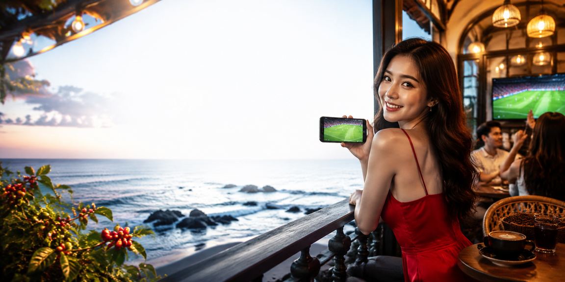 Người dùng Buôn Ma Thuột xem kết quả cá cược bóng đá bên ly cà phê và điện thoại Android
